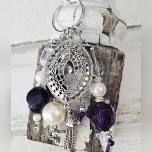 Handmade Silver and Purple Beaded Purse Charm / Keychain